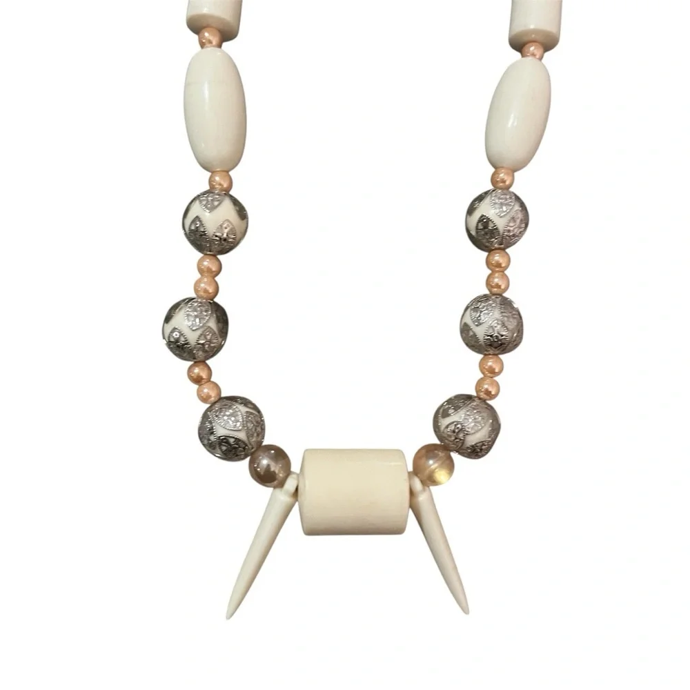 African White Beaded Coral Necklace, Long Length & Brand New